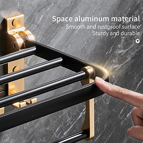 Richuan Bathroom Towel Rack Lavatory Hotel 24 Inch Foldable Towel Shelf With Towel Bar And Movable Hooks, Black And Matte Gold Polished Aluminum Modern Wall Mount Holder #TOP3