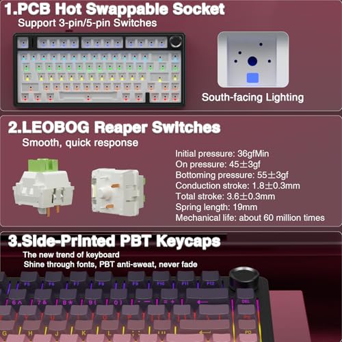 Image of AULA F75 Pro Wireless Mechanical Keyboard,75% Hot Swappable Custom Keyboard,RGB Backlit,Pre-lubed Reaper Switches,Side Printed PBT Keycaps Mechanical Gaming Keyboards, Pink&Black