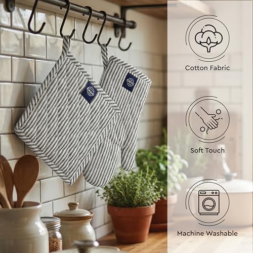 Image of Encasa XO Heat Resistant 100% Cotton Oven Glove & Potholder Set with Loop, Kitchen Cooking Mittens, Microwave Safe Hot Pads (Ticking Black)