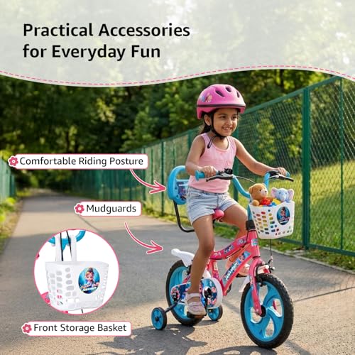 Image of Amazon Brand - Jam & Honey 14T Bicycle for Kids | Sturdy Steel Frame | EVA Tyres | Adjustable Seat & Handlebar | Training Wheels | Front Storage Basket | Pink | for Ages 5+ Years