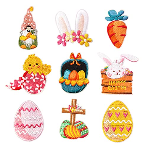 Oapenxaie Easter Patch 9Pcs, Cute Bunny Chick Egg Iron On Sew On Embroidery Patches Applique For Diy Backpack Jeans Hat Jackets Jacket T-Shirts Clothes Easter Gift cover