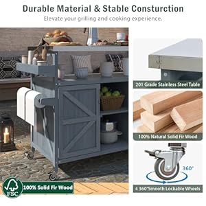 Merax 50" Outdoor Kitchen Grill Cart Island on Wheels with Stainless Steel Top,Farmhouse Solid Wood Frame Storage Cabinet for Backyard,Grey Blue Merax 50 Outdoor Kitchen Grill Cart Island on Wheels with Stainless Steel TopFarmhouse Solid Wood Frame Storage Cabinet for BackyardGrey Blue