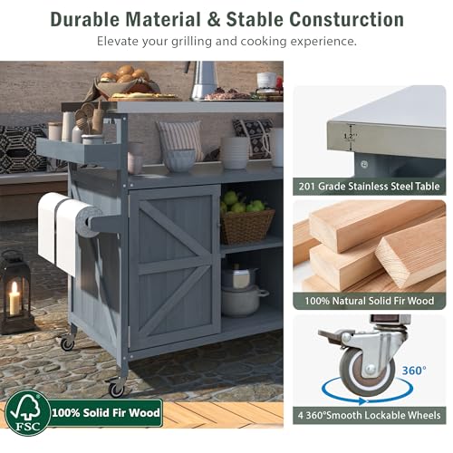 Merax-50-Outdoor-Kitchen-Grill-Cart-Island-on-Wheels-with-Stainless-Steel-TopFarmhouse-Solid-Wood-Frame-Storage-Cabinet-for-BackyardGrey-Blue Merax 50 Outdoor Kitchen Grill Cart Island on Wheels with Stainless Steel TopFarmhouse Solid Wood Frame Storage Cabinet for BackyardGrey Blue