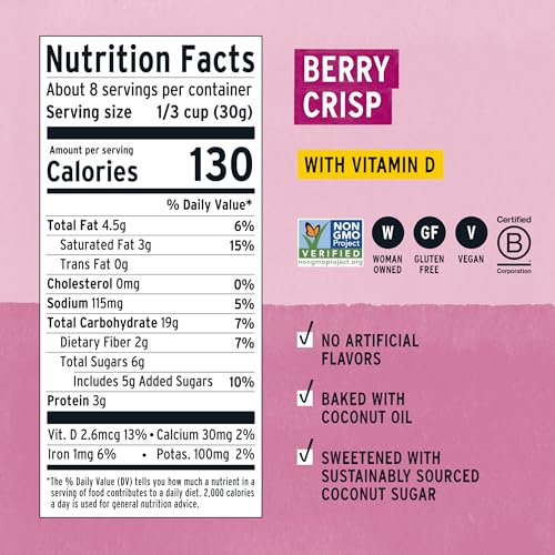 Image of Purely Elizabeth Berry Crisp Granola wit Vitamin D, Made with Organic Oats and Ancient Grains, Gluten-Free, Non-GMO (3 Ct, 8oz Bags)