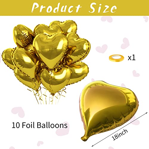 Image of Gold Heart Foil Balloons - 10PCS Heart Shaped Valentines Decorations, 18inch Love Balloons for Helium Wedding, Birthday, Anniversary