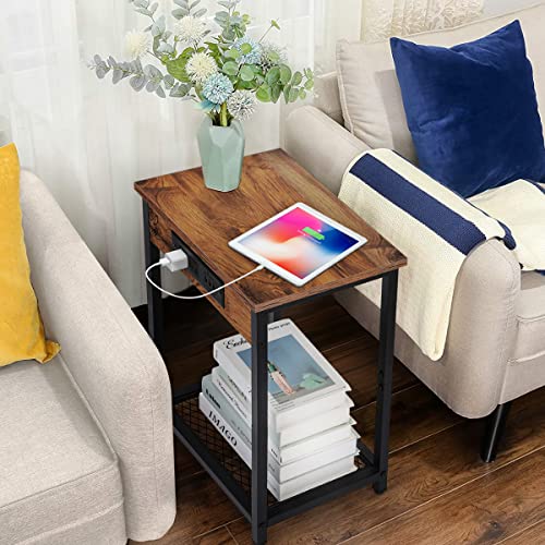 Nightstands Set Of 2, End Table With Charging Station & Usb Ports, 2 Tier Narrow Side Tables Bedroom With Storage Shelf, Bedside Tables For Bedroom, Living Room, Sofa Couch(Brown) #TOP1