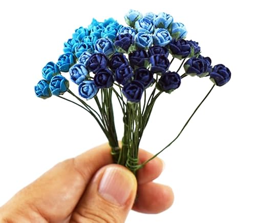 KADADSA 45 pcs Tiny Artificial Roses Blue Shade Mulberry Paper Flower Flower Wedding Scrapbooking (Blue Shade 0.25-in/0.5-cm.)