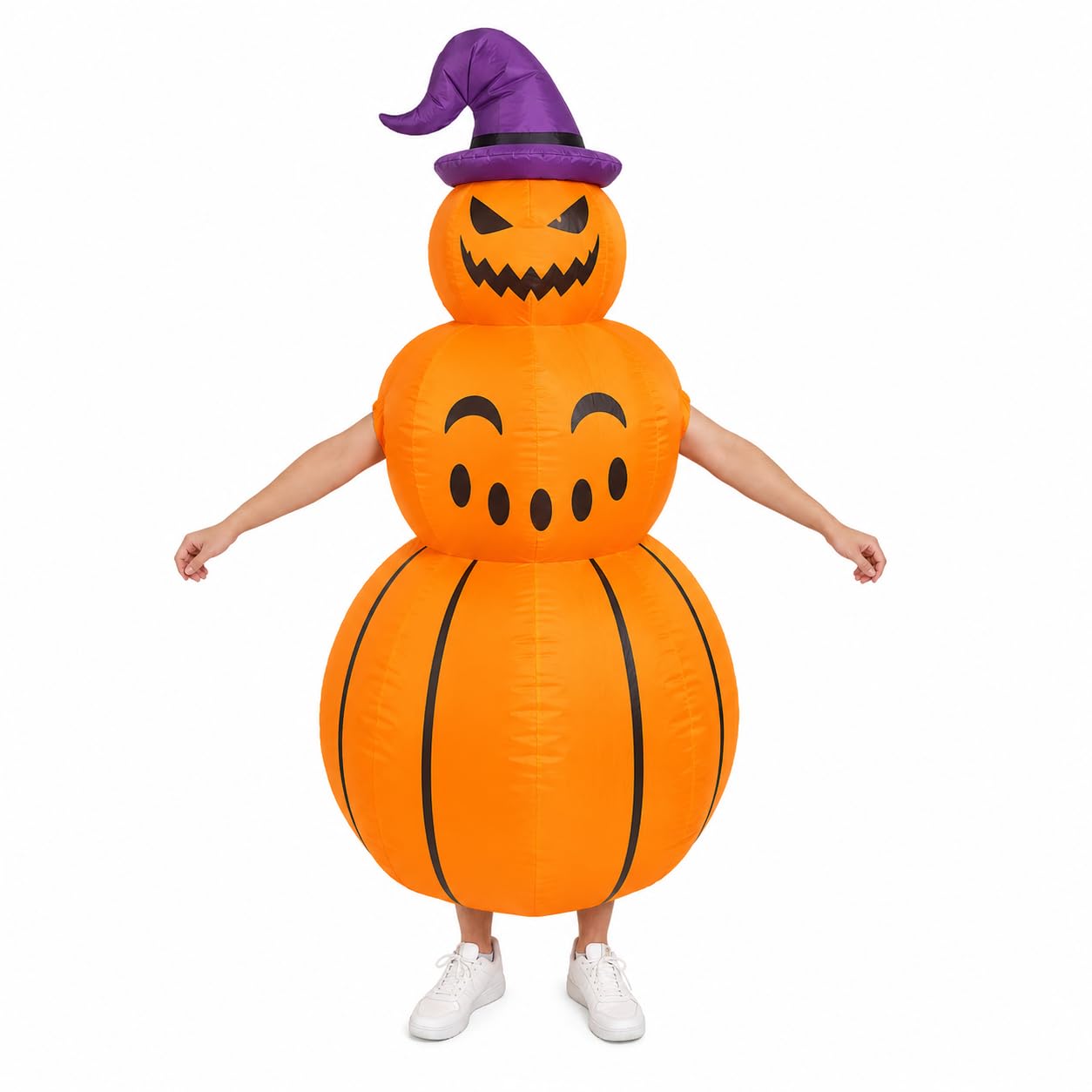 Inflatable Costume Stacked Pumpkin Blow Up Suit with Purple Witch Hat,Funny Halloween Cosplay Party Outfit for Adults