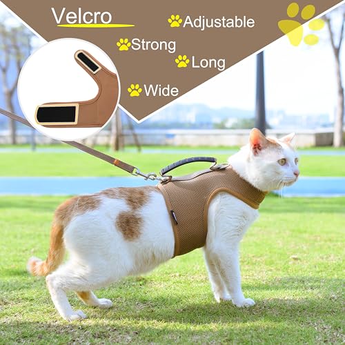 Image of Kitty Harness and Leash for Walking Escape Proof Breathable Mesh Fabric, Solid Brown, X-Small, Adjustable Cat Walking Jackets with Handle, Padded Stylish Cat Vest