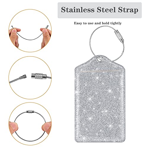 (Set of 2) Luggage Tag Leather Privacy Cover ID Label Address Card with Stainless Steel Loop, Travel Bag Tags Suitcase Labels, Glitter Silver4