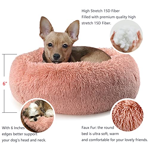 Pink Dog Beds for Small Dogs with Blanket Attached,Small Pet Bed Washable Calming Faux Fur Burrow Doggie Beds for… - Image 3