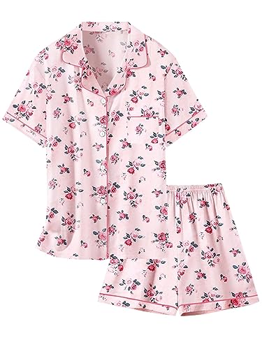 Schbbbta Silk Pajamas Set for Women Button-Down Floral Satin Pajama Sleepwear Nightwear 2 Piece Lounge Sets, Floral Pink, X-Small