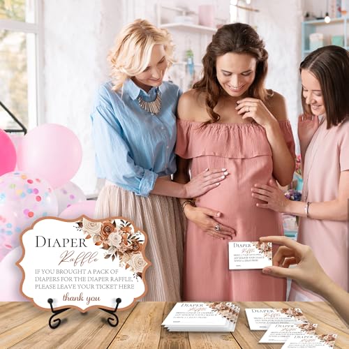 Image of Boho Baby Shower Diaper Raffle Wooden Sign Set, Bohemia Floral Wooden Sign With Self-Stand Support & 50 Diaper Raffle Tickets For Baby Shower, Baby Announcement, Gender Reveal, Party Supplies - A02