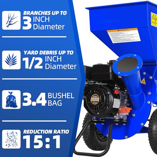 Wood Chipper Shredder Mulcher 212cc 7HP Gas Powered Heavy Duty 3 Inch Capacity with Collection Bag, EPA/CARB Certified