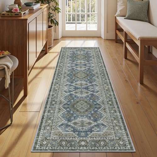 Rugland 2'6x8' Runner - Stain Resistant Entryway Rug, Anti Slip Backing Hallway Runner Rug, Vintage Tribal Area Rugs (TPR07-Green, 2'6x8')