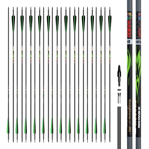 sanlida 24 PCs, 100% Pure Carbon, 0.003'' Straightness, Dragon 9 Flagship 24T Carbon Hunting Arrows for Compound Bow, Professional Standard Hunting Arrows with Removable Tips (350 Spine)
