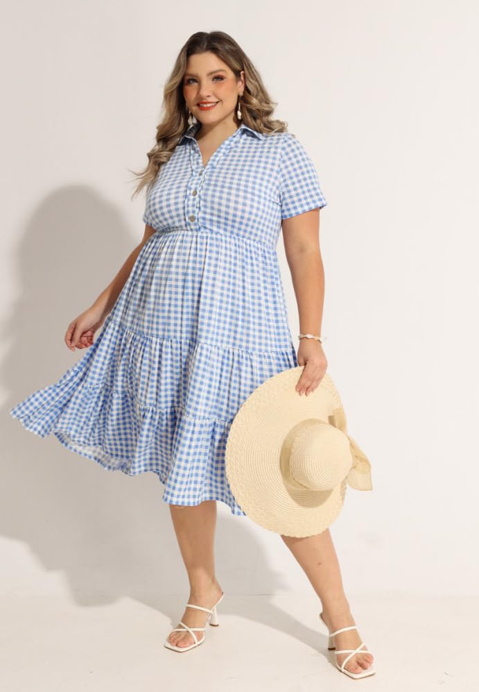 Image of CARCOS Plus Size Dresses for Curvy Women Collared Vneck Short Sleeve Dresses Midi Summer Ruffle Dress with Pocket XL-5XL