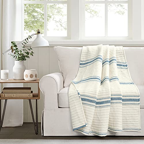 Image of Lush Decor Farmhouse Stripe Kantha Pick Stich Yarn Dyed Cotton Woven Throw Reversible Ticking Pinstripe Design Blanket, 50 inch x 60 inch, Blue