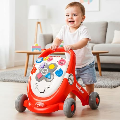 Image of Baybee Oleo Baby Walker for 6-18 Months | Activity Push Walker with Music & LED Lights | Stable Wheels, Easy Grip Handle | Educational Walker for Boys & Girls 0-2 Years (Red)