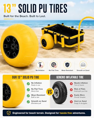 Image of PYY Beach Fishing Cart - 550LB Load Capacity Fishing Cart with Reinforced Frame, 13 inch Big Wheels PU Balloon Tires for Sand, Fishing Wagon with 7 Rod Holders, Foldable Bucket for Beach, Lake (Yellow)