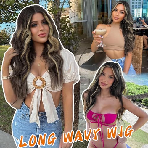 Image of AISI HAIR Long Wavy Dark Brown with Blonde Highlight Lace Hairline Wigs for Women，Middle Part Synthetic Heat Resistant Wig for Daily Party-26 Inch