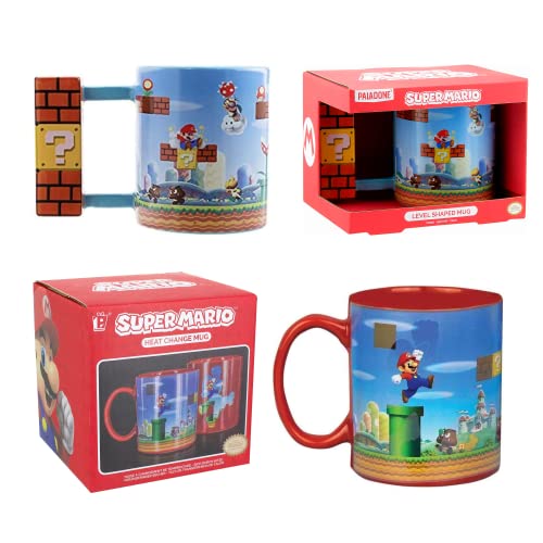 Toptoys2U Bargain Bundles Super Mario Mug Gift Set - Heat Sensitive Colour Changing Mug & Level Design Mug - Great Gift For All Ages Twin Pack #TOP14