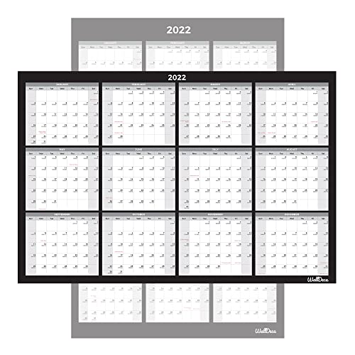 WallDeca Large Annual 2022 Erasable Laminated Wall Calendar, Jan 2022 - Dec 2022, 24 x 36 Inch, 2-Sided Reversible Vertical/Horizontal, Mounting Tape Included (Jan 2022 - Dec 2022)