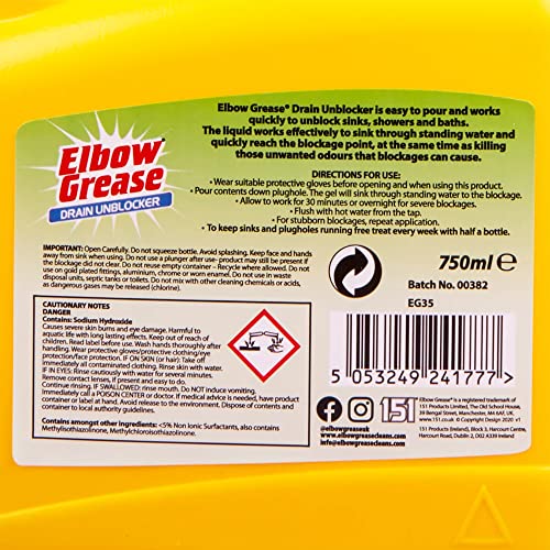 Destapacaños Elbow Grease Líquido - Limpiador de Alta Resistencia para Desagües y Fregaderos, Kit Todo en Uno para Destapar Cañerías (750 ml) miniatura 3