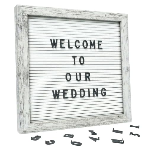 Image of C Crystal Lemon Board, 317 Pre-cut Letters Numbers & Symbols, 10x10 Inches Felt Message Board, Changeable Wooden Sign, Wood Frame, Wall Mount, With Display Stand (Rustic White) | Clean rustic white letter board with 336 letters, wood frame, stand and wall mount for welcome, home and event messages