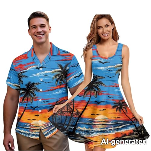 Image of Hawaii Matching Couple Outfits Husband and Wife Clothing Fashionable Mens Casual Shirts Hawaii Dress with Soft Fabric
