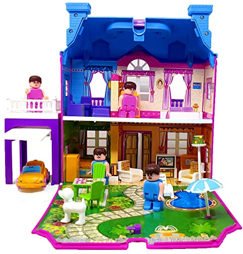 Image of Miniature Mart Battery Operated Doll House Toys for Girls with Furniture Set & Human Figures 40 Pc Set All Room Lighting Up Lights + 1 Small Size Car with Parking Space | Gift for Girls