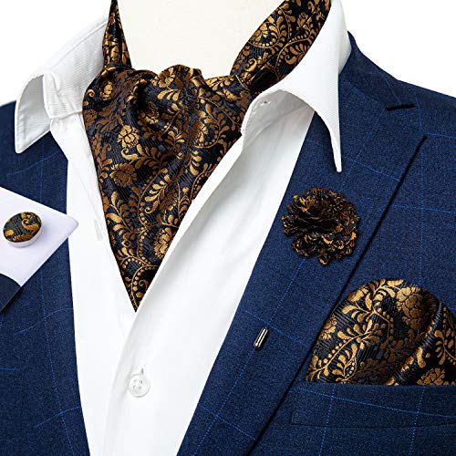 Image of DiBanGu Mens Silk Ascot Ties Paisley Jacquard Woven Cravat and Pocket Square Cufflinks with Lapel Pin for Business Wedding