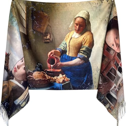 Johannes Vermeer Art Scarf. Girl with a Pearl Earring, The Milkmaid, View of Delft, The Little Street, and Study of a Young Woman, Museum Gift