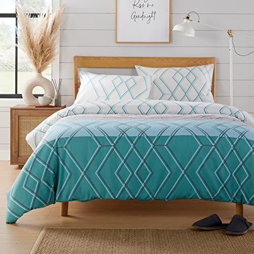 Olivia Rocco Havanna Geo Duvet Cover Set Easy Care Quilt Bedding Sets With Pillowcases Luxury Cotton Blend Reversible Ultra Soft Bed Covers, Teal King