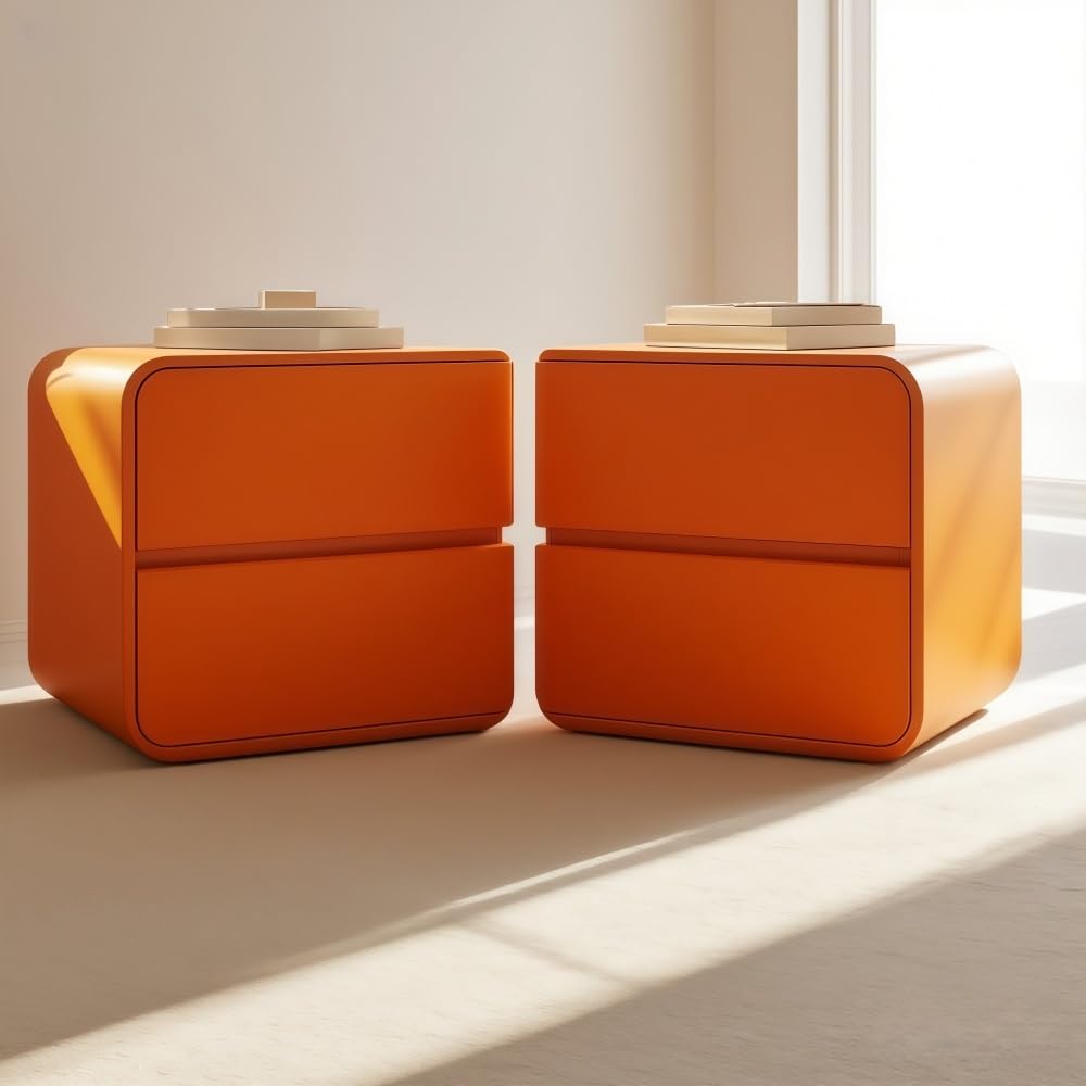 Table de chevet moderne 2 tiroirs orange pour petit espace et meuble de nuit