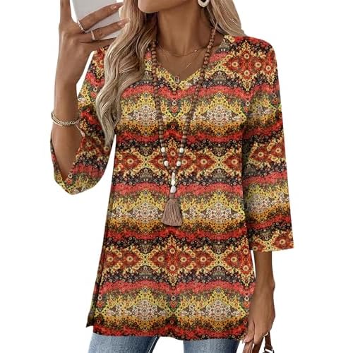 AKEWEI 3/4 Length Sleeve Cotton Linen Womens Tops V Neck Loose Fit Dressy Casual Blouse Flowy Shirts Womens Clothing