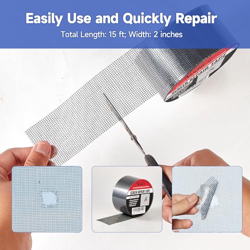 Nodirz Window Screen Repair Tape, 2 in X 15 FT (180IN) Screen Repair Kit for Windows or Doors, Strong Adhesive Screen Patch Repair Kit Mesh Repair (Black, 15 FT)