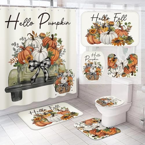 Preboun 4 Pcs Thanksgiving Pumpkin Shower Curtain Set 72 Fall Bathroom Decor Set with 12 Hooks Non Slip Rug Toilet Lid Cover and Waterproof Bath Rugs Thanksgiving Autumn Harvest Home Restroom Decor