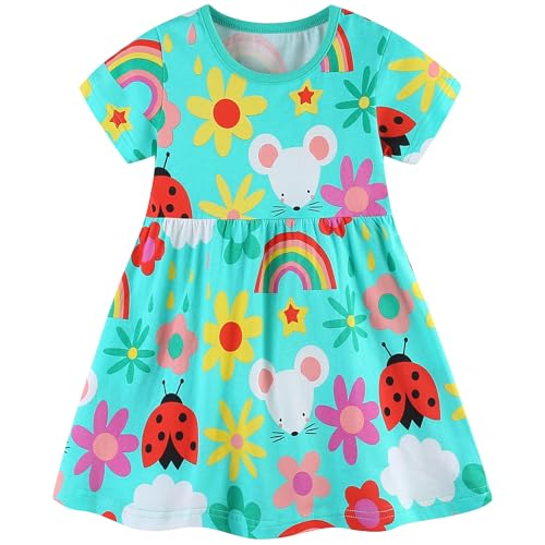 AIWUHE Toddler Girls Dress Cotton Casual Short Sleeve Striped Jersey Dresses Summer Cartoon Dinosaurs Appliques Shirt 2-7Y