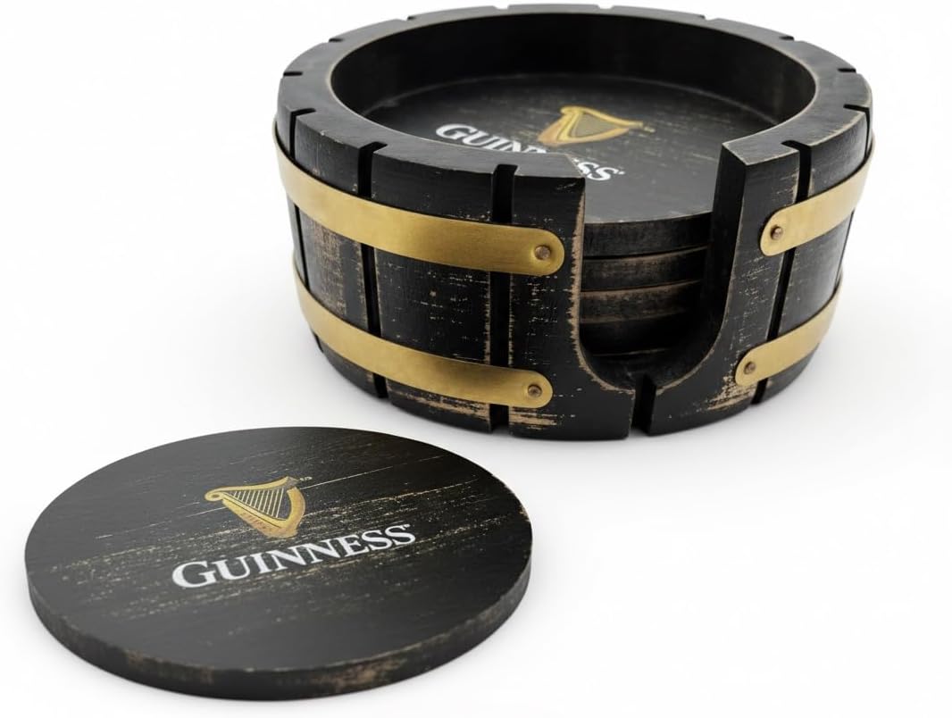 Guinness Beer Coaster Set with Holder - 6 Pack, Beer Barrel Wood, Perfect for Home Bars and Parties Compatible