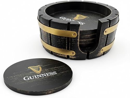 Guinness Beer Coaster Set with Holder - 6 Pack, Beer Barrel Wood, Perfect for Home Bars and Parties Compatible