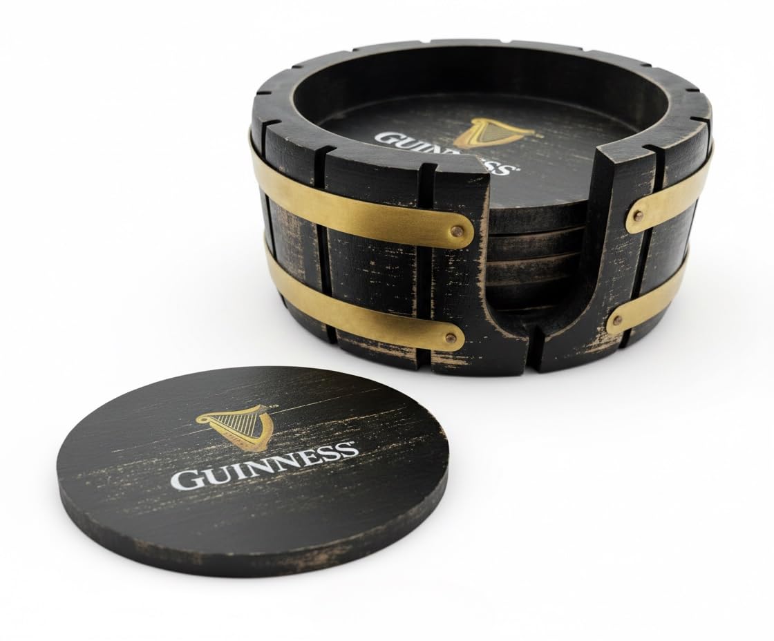 Guinness Beer Coaster Set with Holder - 6 Pack, Beer Barrel Wood, Perfect for Home Bars and Parties Compatible