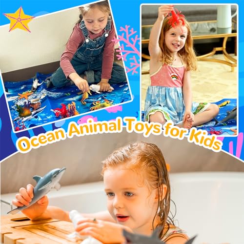 GINMIC Kids Ocean Animals Toys with Large Play Mat , 18 Pack Assorted Realistic Sea Animal Toys with Carrier Bag Including Shark, Whale, Dolphin etc, for Toddler, Boys & Girls Ages 3-8