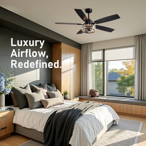 Image of 52 inch Crystal Fandelier Ceiling Fan with LED Lights, Chandelier Ceiling Fan with Remote and APP Control, Reversible Ceiling Fan for Indoor, Used in Bedroom, Living Room, Pation