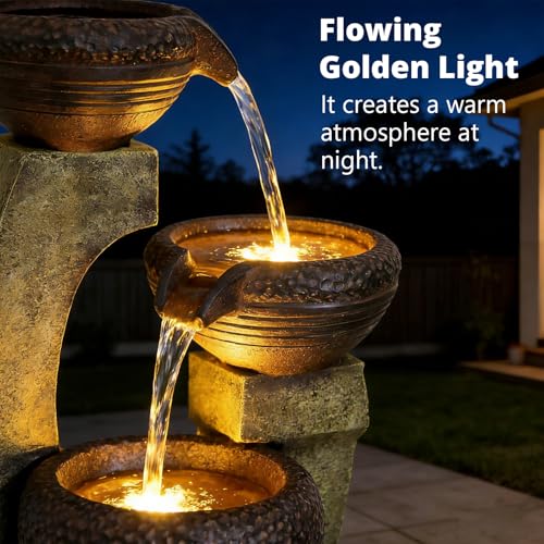 Image of Naturefalls 40 inch H Modern Outdoor Fountain - 4 Crocks Outdoor Garden Fountains with Contemporary Design&LED Light for Garden, Patio, Deck, Porch, Backyard and Home Art Decor (40in, Light Gray)