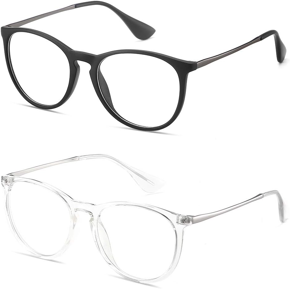 CNLO 2 Pack Blue Light Blocking Glasses,Retro Round Eyeglasses,Computer Glasses,Anti Eyestrain,Men/Women (Sand Black/Crystal)