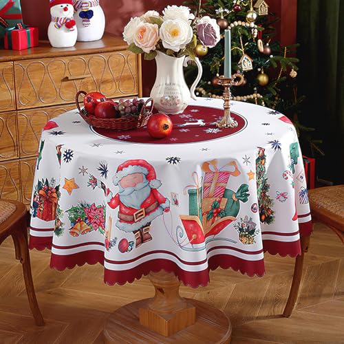 auons Christmas Tablecloth Round 60 Inch, Snowflake Santa Claus White Washable Table Cloths Christmas Decorations