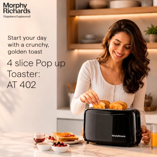 Image of Morphy Richards AT 402 1450 Watts Pop-Up Toaster | 4-Slice Automatic Pop Up Toaster With Removable Crumb Tray | 7-Levels Browning Control | Bread Centring With Wide Bread Slots | 2-Yr Warranty【Black】