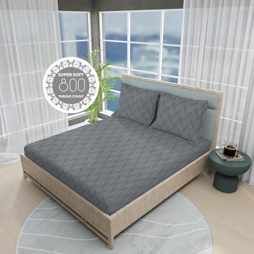 Image of BOUTIQUE LIVING India Radiance Cotton Blend 825 CVC Grey King Bedsheet with 2 Pillow Covers