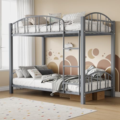 Bunk Bed Twin Over Twin with Stairs and Arched Guardrail, Sturdy Metal Slats Support, Space Saving, Noise Free, No Box Spring Needed, Ideal for Kid Room and Dorm, Matte Gray
